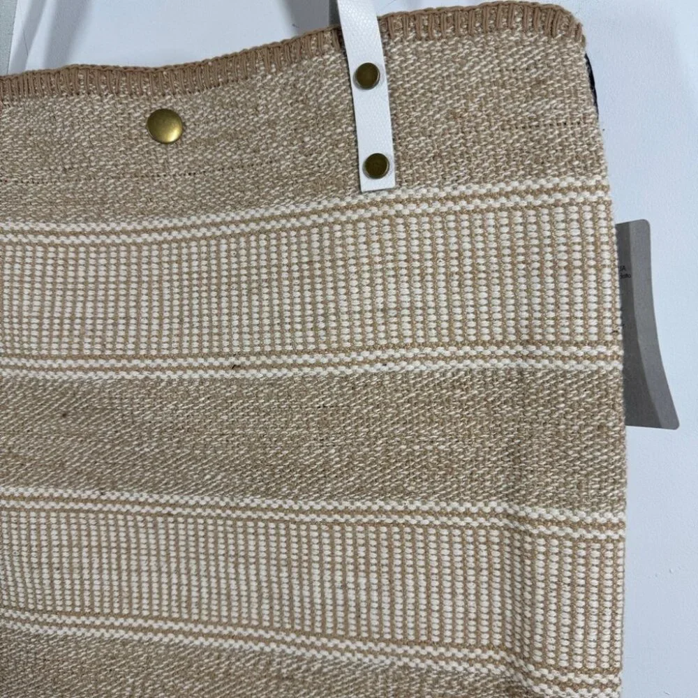 Summer Boho Woven Straw Raffia Bag Stylish Tan and White Tote Bag Stripe Beach - Picture 7 of 15